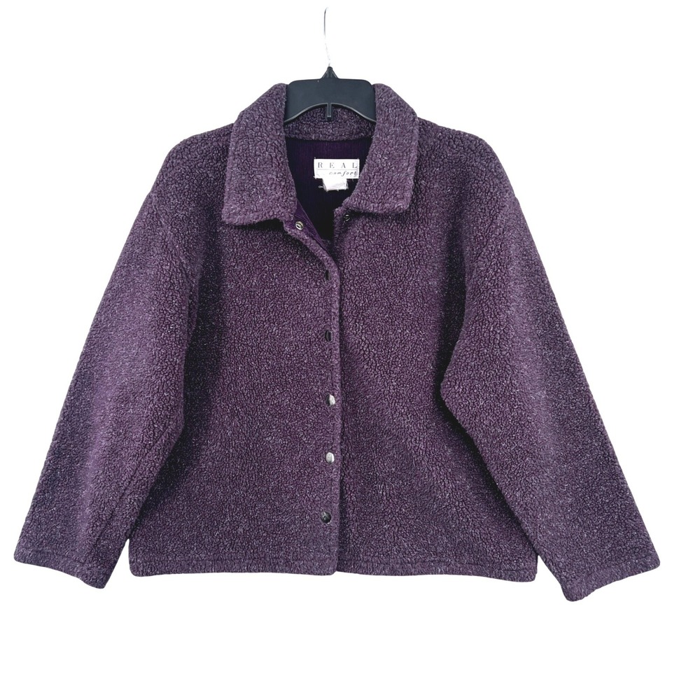 Vintage Real Comfort Womens L Purple Sherpa Fleece Snap Front Jacket‎ Cozy 90s